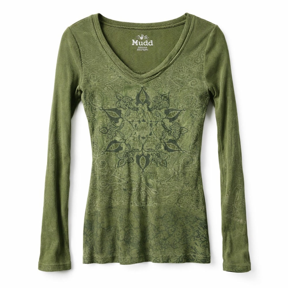 Y2K Mudd Olive Green Graphic Long Sleeve Top Size M